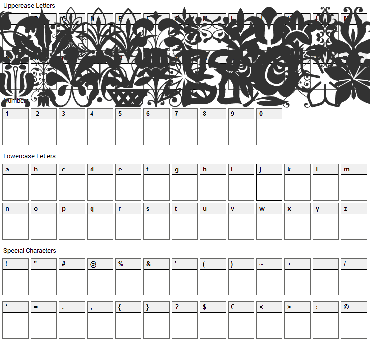 LP Flowers 2 Font Character Map