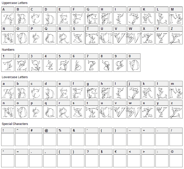 LS Leaves Font Character Map