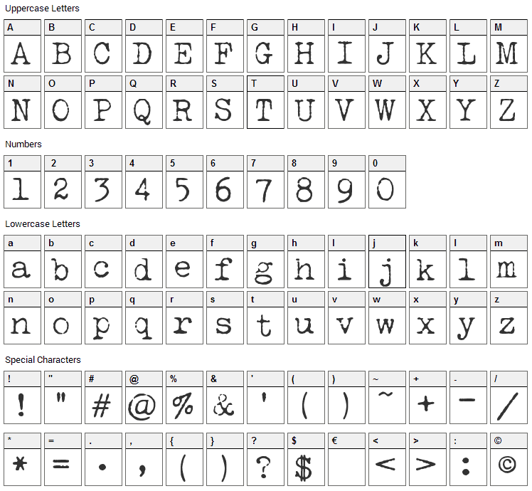 Lucky Typewriter Font Character Map