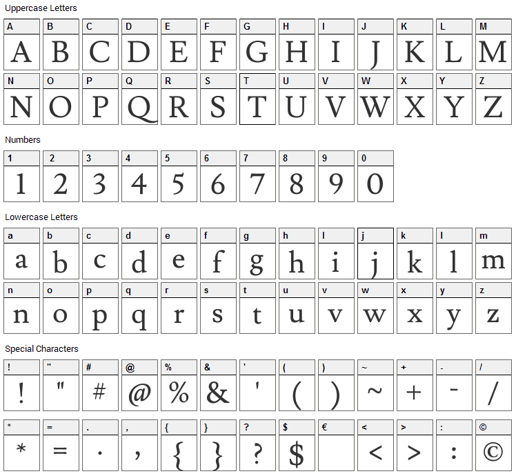 Lusitana Font Character Map