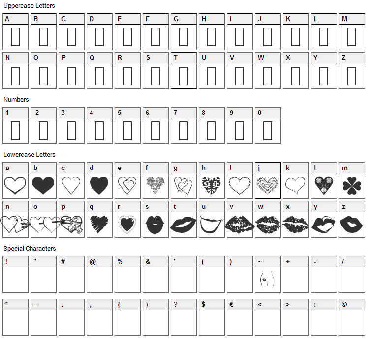 Luv N Kisses Font Character Map