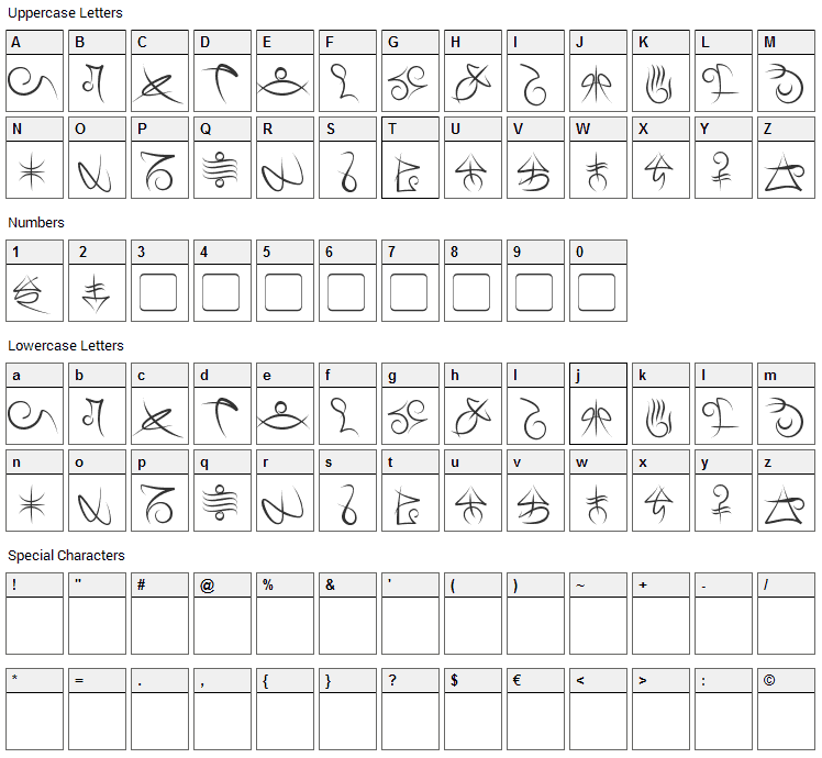 Mage Script Font Character Map