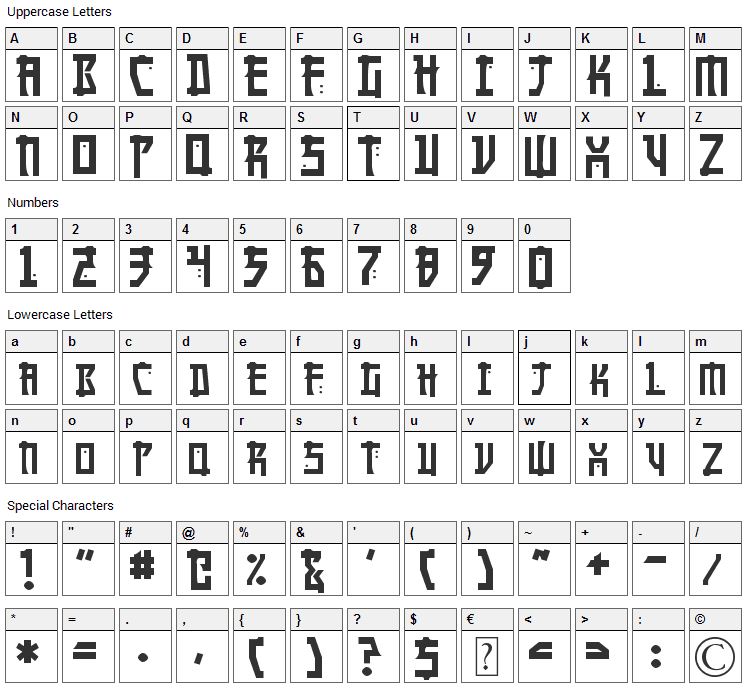 Manga Font Character Map