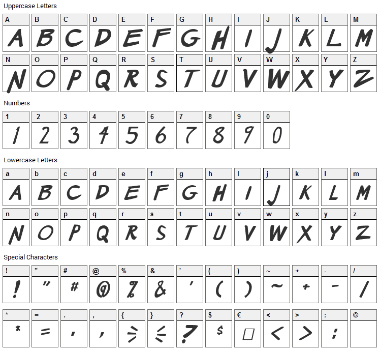 Manga Speak 2 Font Character Map