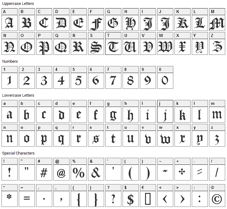 Manuskript Gothisch Font Character Map