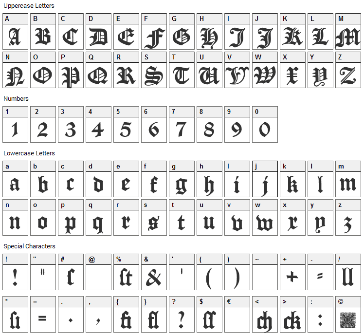 Manuskript Gotisch Font Character Map