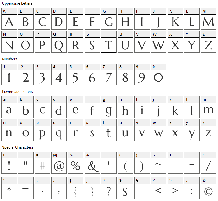 Marcellus Font Character Map