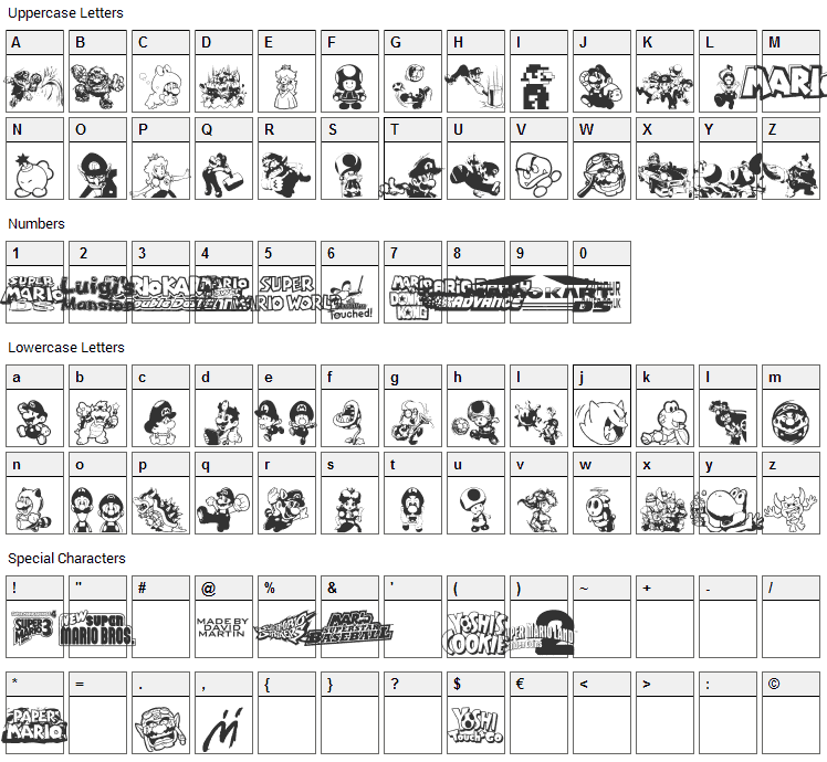 Mario and Luigi Font Character Map