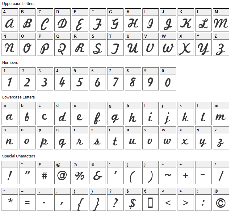 Marketing Script Font Character Map