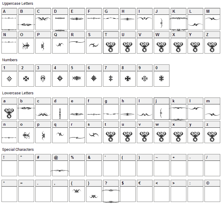 Marquis De Sade Ornaments Font Character Map