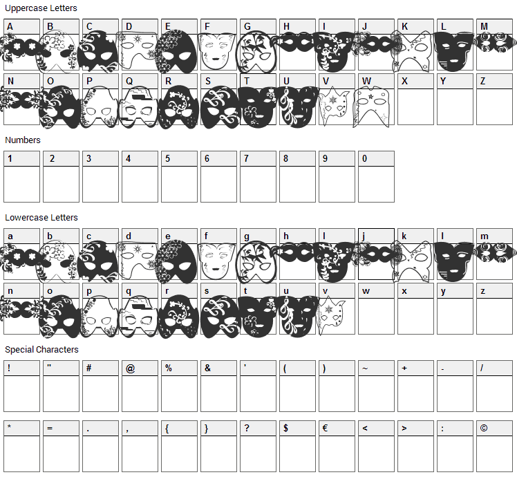 Mascaras de Veneza Font Character Map