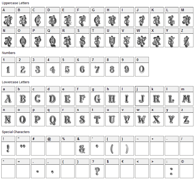 Masquerade Font Character Map