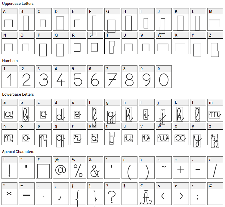 Maternellecolor Cursive Case Font Character Map