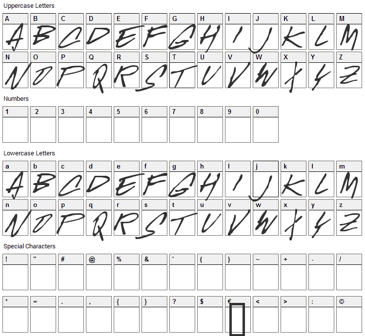 McGurr Script Font Character Map
