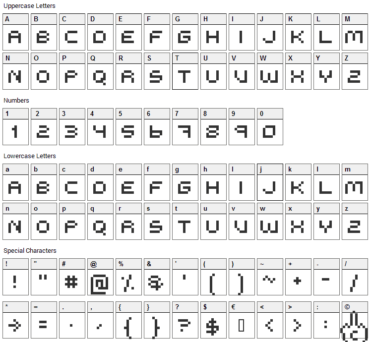 Me Too Pixzi Font Character Map