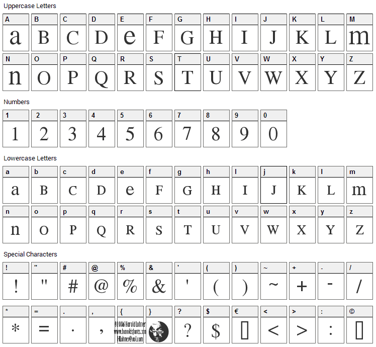 Mean 26 Serif Font Character Map