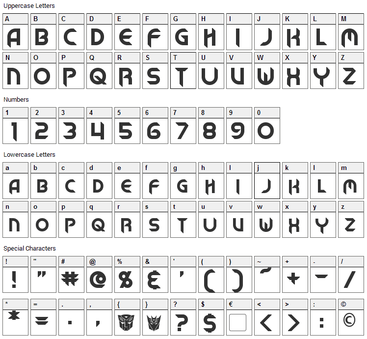 Mech Tech Font Character Map