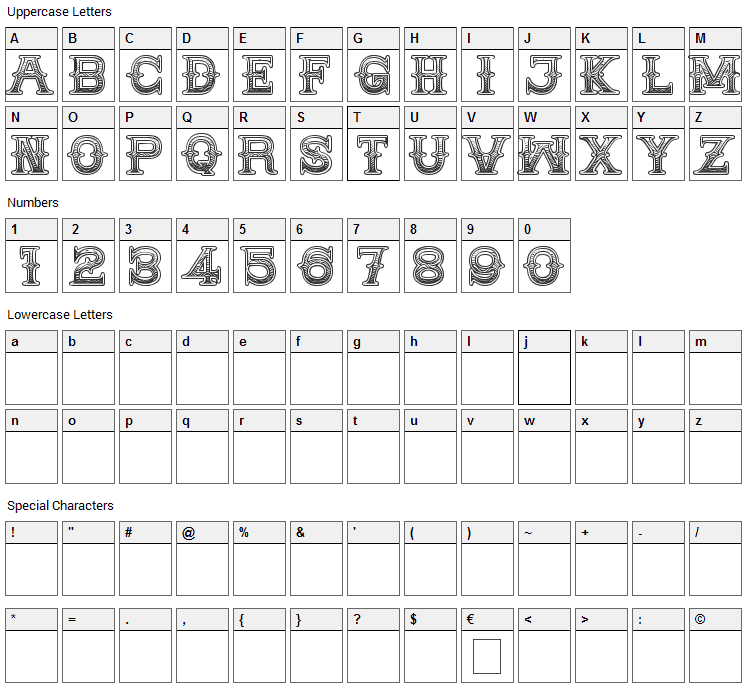 Medicine Show Caps Font Character Map