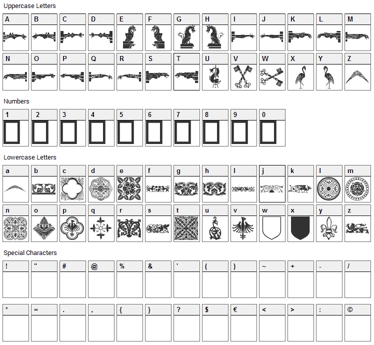 Medieval Dingbats Font Character Map