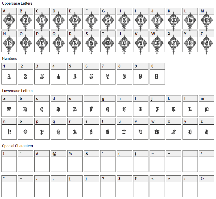 Medieval Sorcerer Ornamental Font Character Map