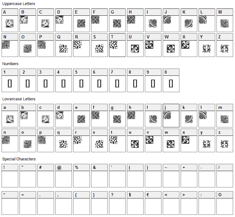 Medieval Tiles Font Character Map