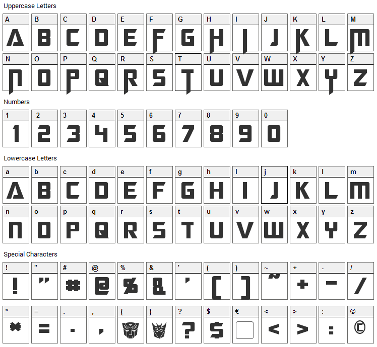 Megatron Font Character Map