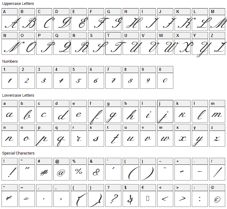 Meie Script Font Character Map