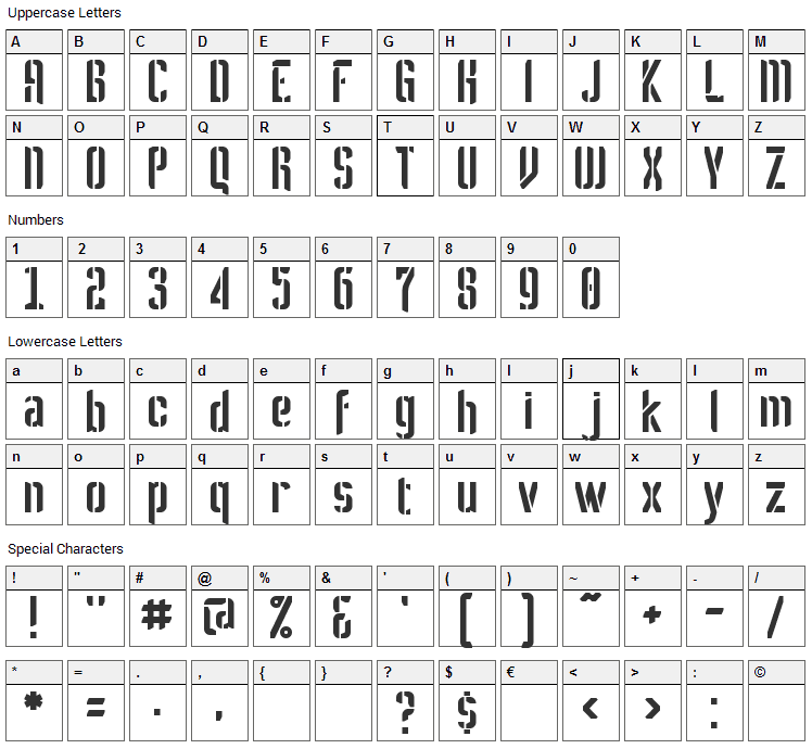 Melbylon Font Character Map