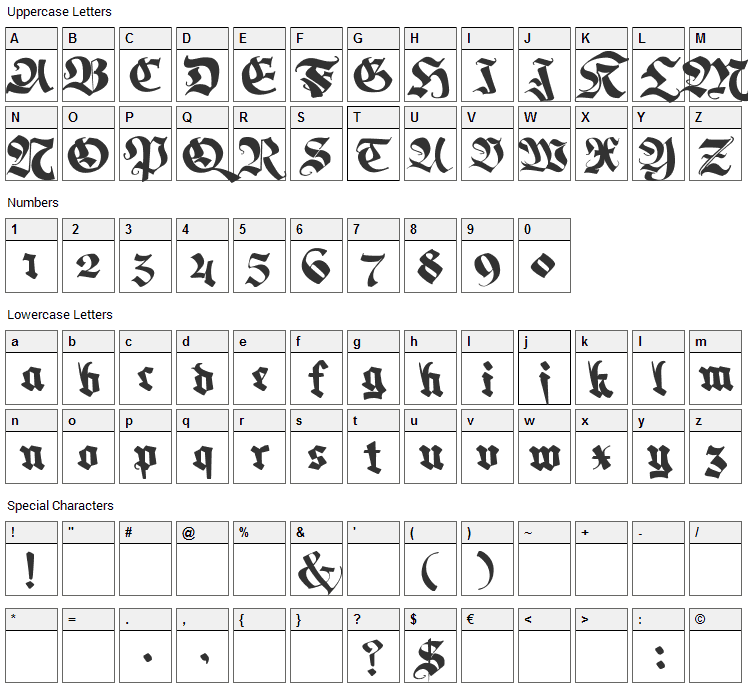 Memela Fraktur Font Character Map