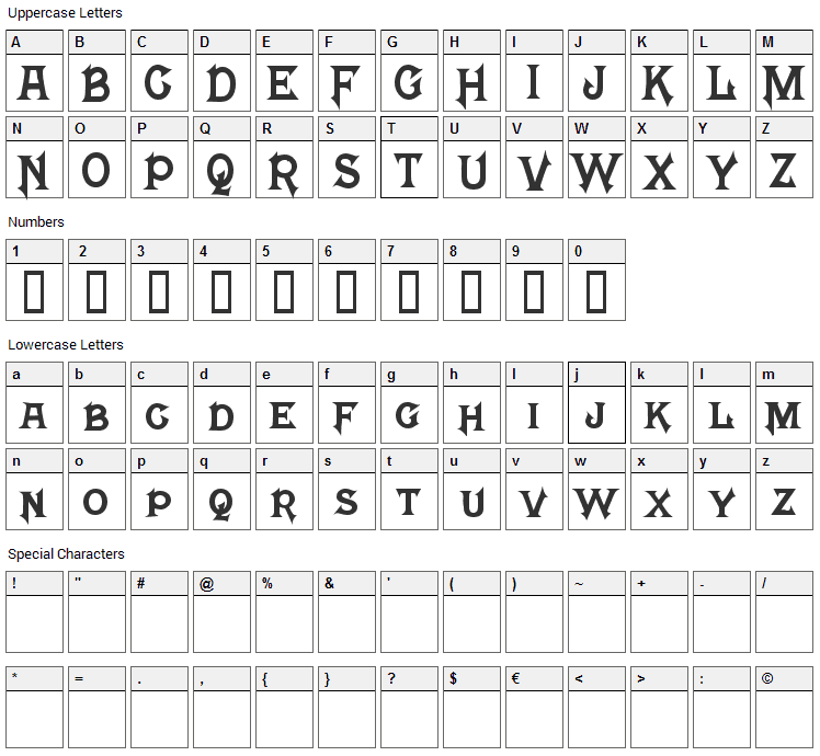 Mephisto Font Character Map