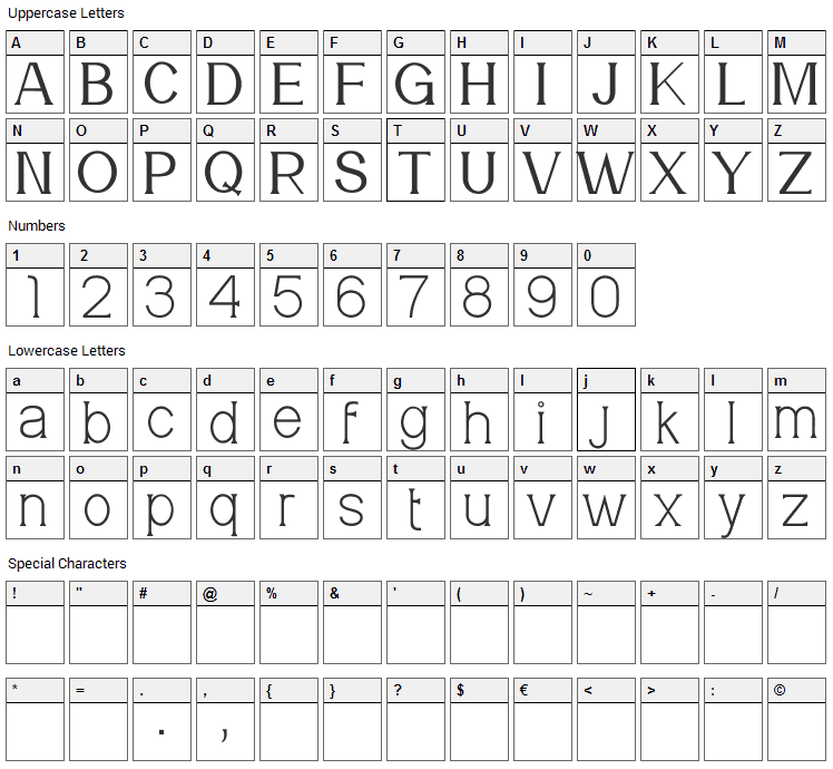 Meridian Font Character Map