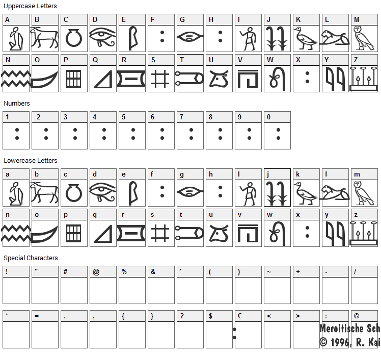 Meroitic Hieroglyphics Font Character Map