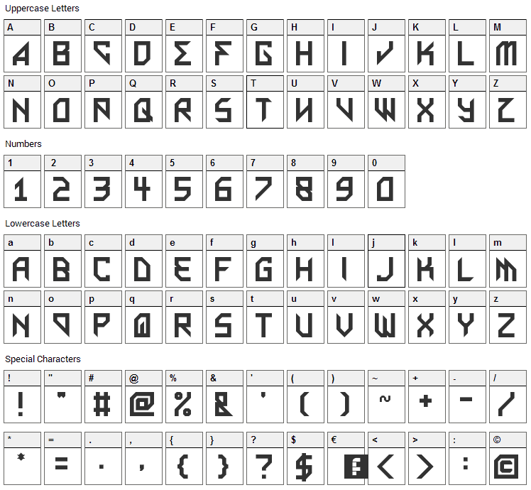 Metal Arhythmetic Font Character Map