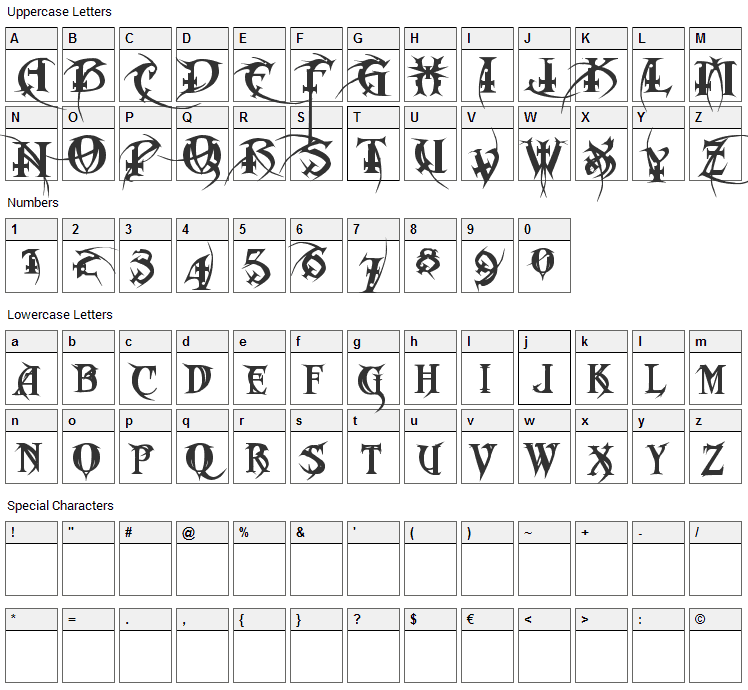 Metal  Macabre Font Character Map