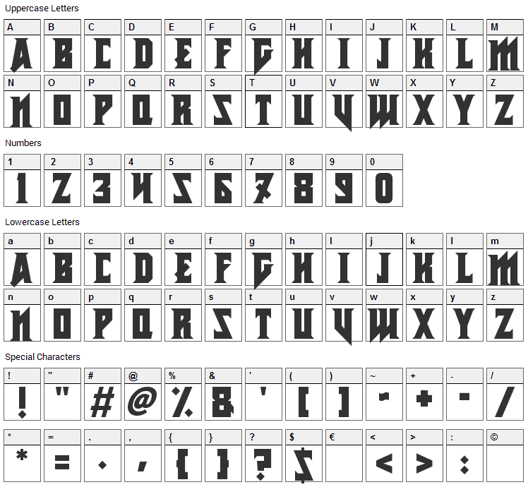 Metal Vengeance Font Character Map