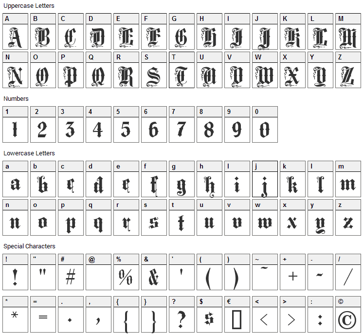 Middle Saxony Text Font Character Map