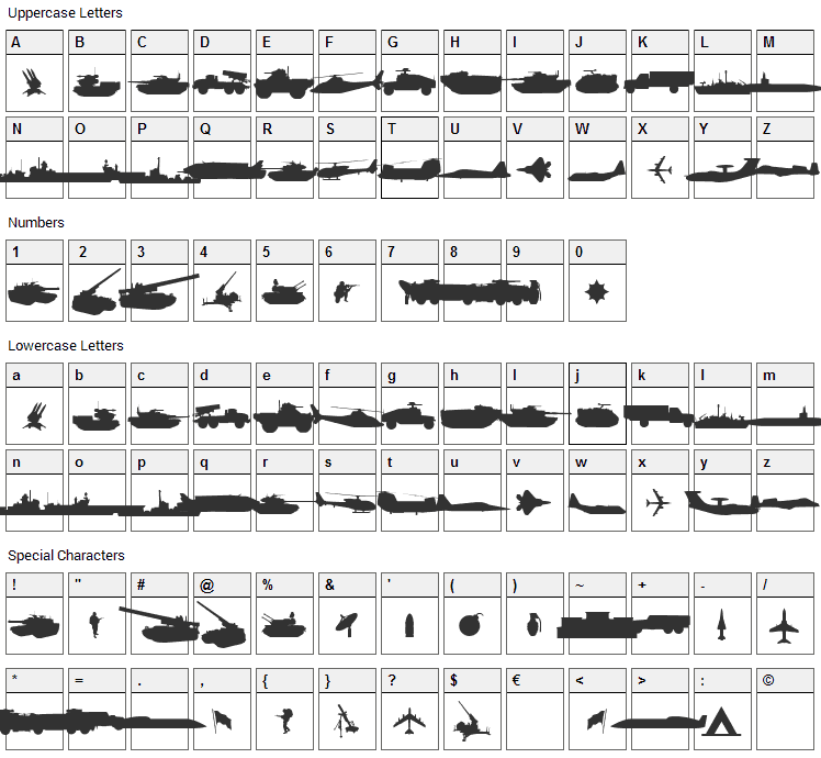 Military RPG Font Character Map