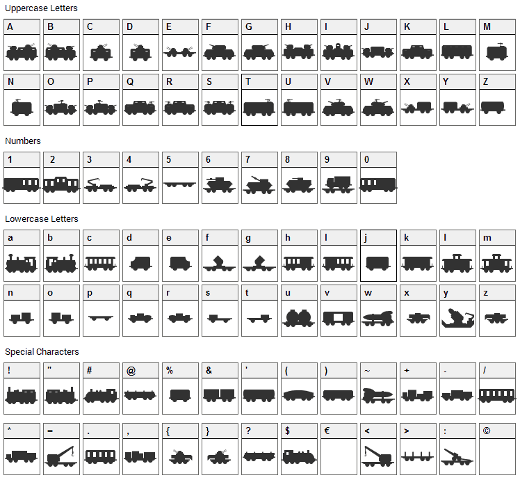 MilTrain Font Character Map