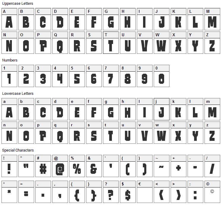 Mindless Brute Font Character Map
