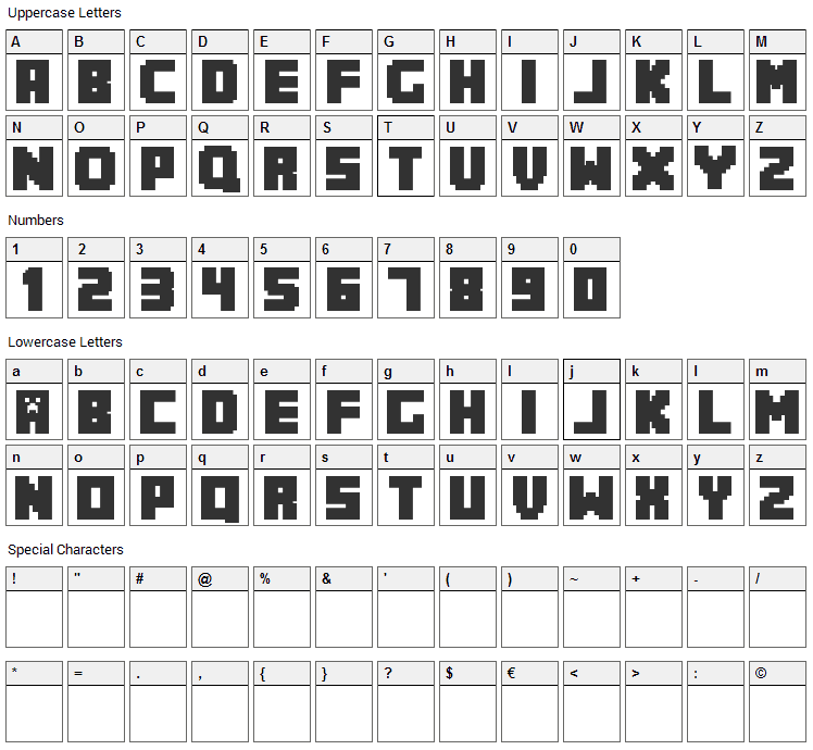 MineCrafter Font Character Map