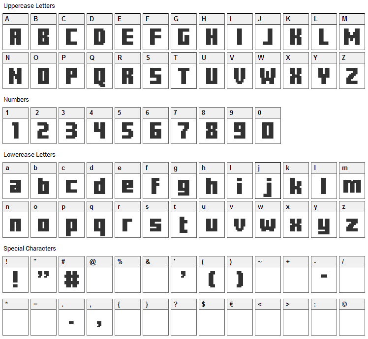 Minercraftory Font Character Map