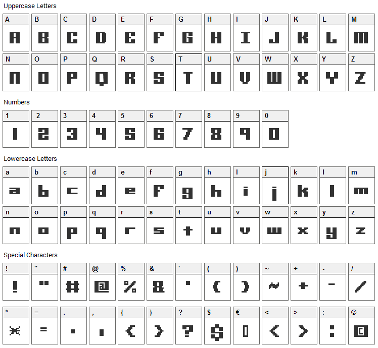 Mini Kaliber Font Character Map