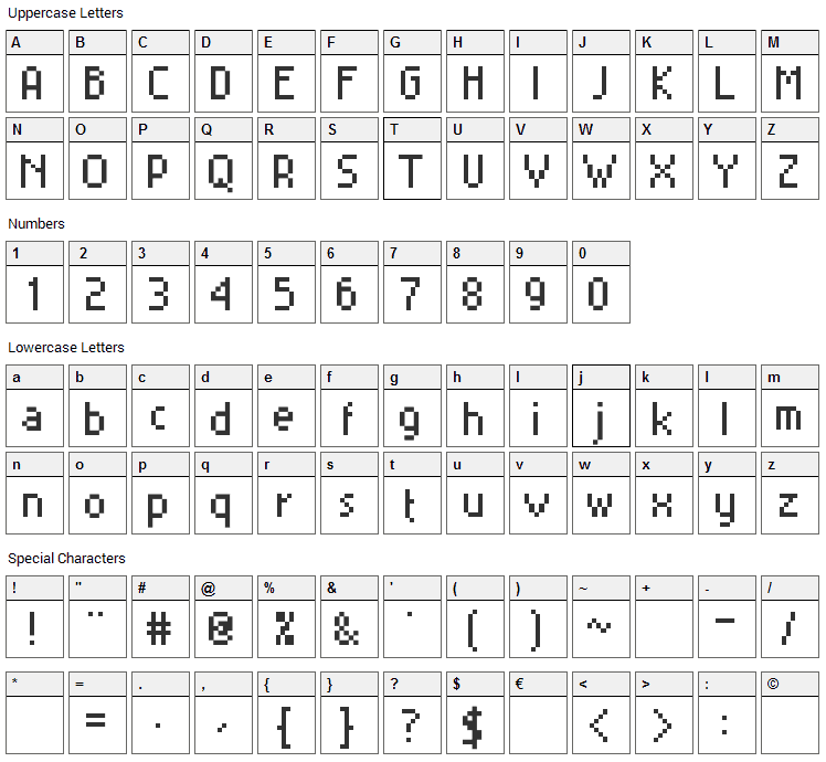 MiniSet Font Character Map