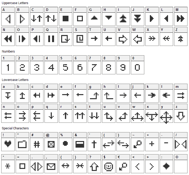 MiniStrzalki Font Character Map