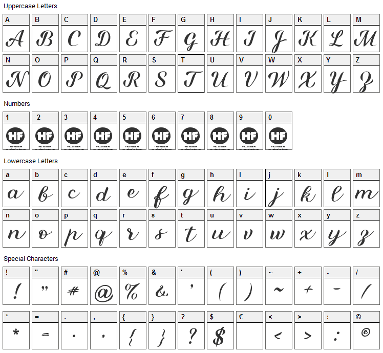 Miralight Font Character Map