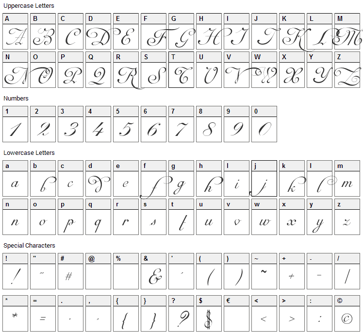 Mirella Script Font Character Map