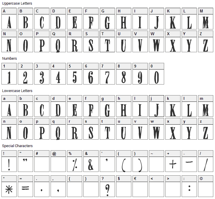 Miserable Font Character Map