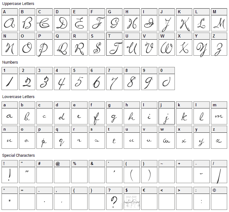 Miss Brooks Font Character Map