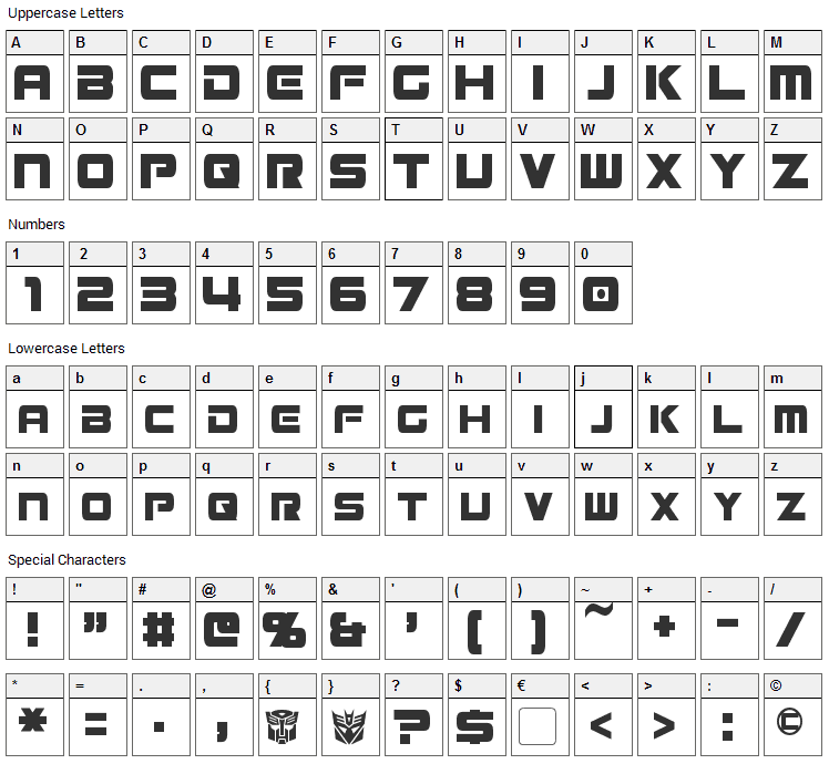 Mission GT-R Font Character Map