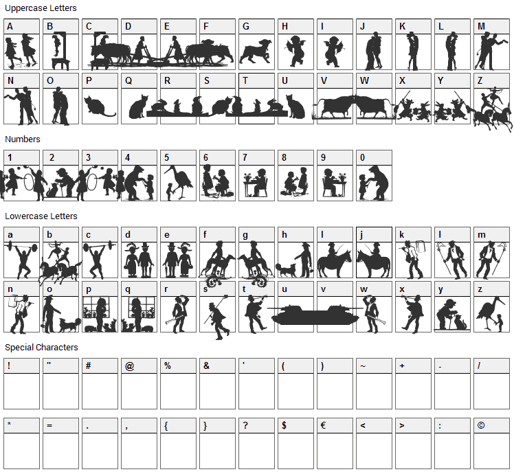 Mixed Silhouettes Five Font Character Map